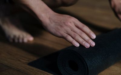 Texture of a professional yoga mat on the floor